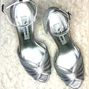 Nina Silver Satin Elian Dressy Open Toe Heel with Ankle Strap. Size 6.5